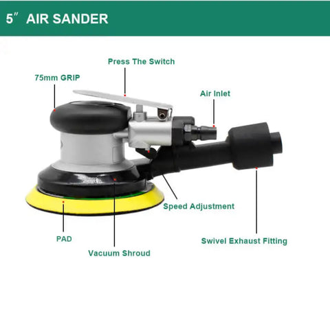 Professional Air Orbital Sander, Heavy-Duty Dual Action Pneumatic Palm Sander — 1 PCS