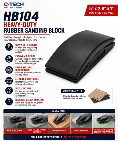 C-Tech HB104 Heavy-Duty Rubber Sanding Block, 5” × 2.6” × 1”