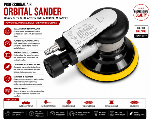 Professional Air Orbital Sander, Heavy-Duty Dual Action Pneumatic Palm Sander — 1 PCS