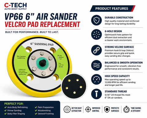 C-Tech VP66 6” Air Sander Velcro Backing Pad Replacement — 1 PCS