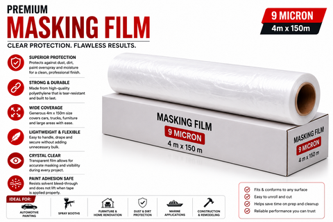 C-Tech Clear Plastic Sheeting, 9 Micron, 16 ft × 492 ft — Transparent Protective Masking Film — 1 Roll