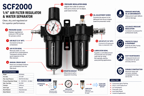 C-Tech SCF2000 1/4" Air Filter Regulator & Water Separator