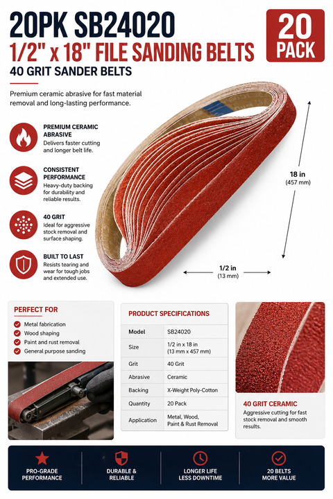 C-Tech Premium Abrasive File Sanding Belts, 40 Grit — 20 PK