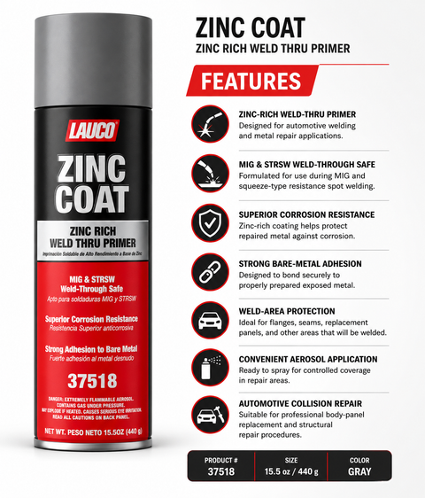 LAUCO 37518 Zinc Coat Zinc-Rich Weld-Thru Primer Aerosol — Anti-Corrosion Welding Primer, 15.5 oz