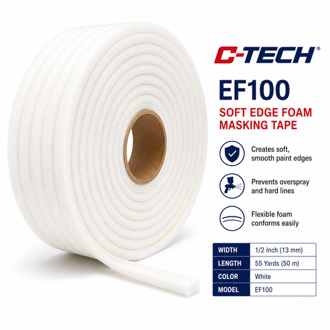 C-Tech EF100 Soft Edge Foam Masking Tape, White, 1/2” × 55 yd