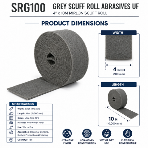 SRG100 Grey Scuff Roll Abrasives UF, 4 in × 10 m, Mirlon Scuff Roll — 1 Roll