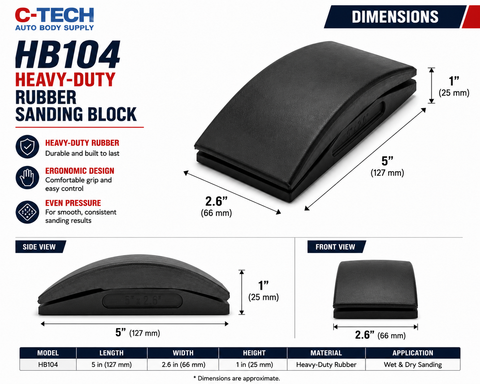 C-Tech HB104 Heavy-Duty Rubber Sanding Block, 5” × 2.6” × 1”
