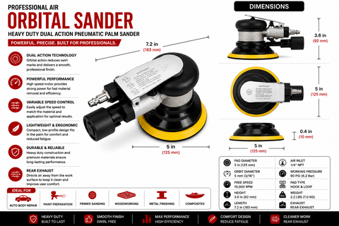 Professional Air Orbital Sander, Heavy-Duty Dual Action Pneumatic Palm Sander — 1 PCS