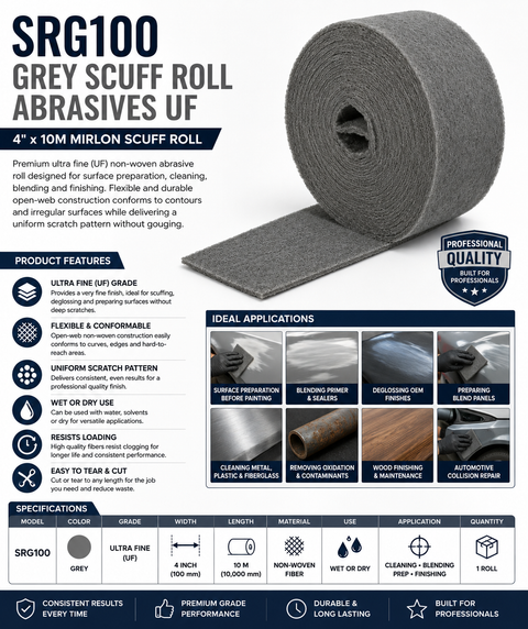 SRG100 Grey Scuff Roll Abrasives UF, 4 in × 10 m, Mirlon Scuff Roll — 1 Roll