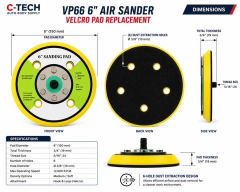 C-Tech VP66 6” Air Sander Velcro Backing Pad Replacement — 1 PCS