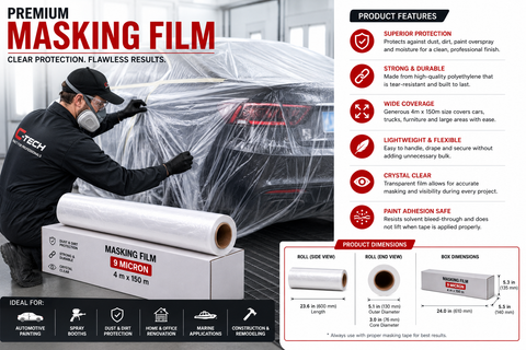 C-Tech Clear Plastic Sheeting, 9 Micron, 16 ft × 492 ft — Transparent Protective Masking Film — 1 Roll