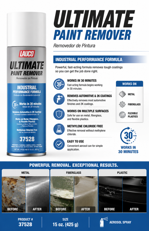 LAUCO 37528 Ultimate Paint Remover Aerosol Spray — Industrial Strength Automotive & 2K Coating Stripper, 15 oz