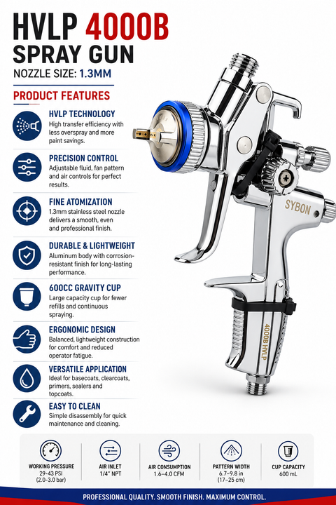 HVLP 4000B Professional Spray Gun, 1.3 mm Nozzle — 1 PCS