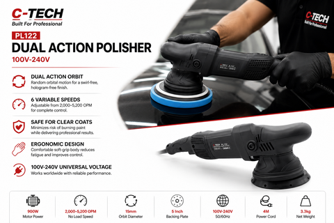C-Tech PL122 Dual Action Polisher, 100V–240V — Professional Variable Speed DA Polisher