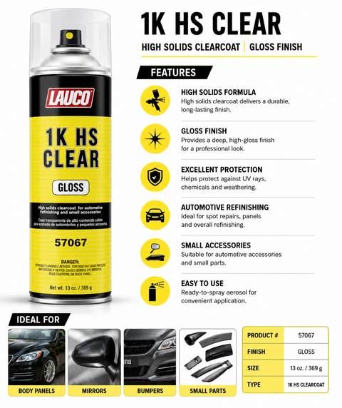 LAUCO 57067 1K HS Gloss Clear Coat Automotive Aerosol Spray — High-Solids Acrylic Clear, 13 oz