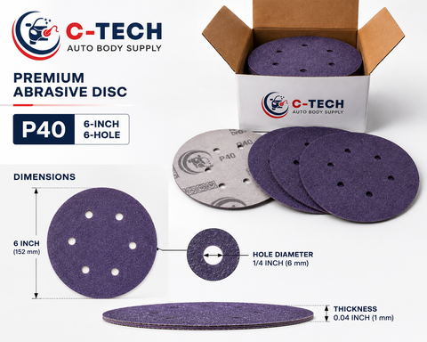 C-Tech V64050 Violet Ceramic Sanding Discs, 6 in, 6-Hole, 40 Grit — 50 PK