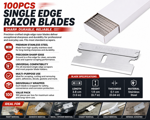 Single Edge Razor Blades, Heavy-Duty Carbon Steel — 100 PCS