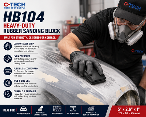 C-Tech HB104 Heavy-Duty Rubber Sanding Block, 5” × 2.6” × 1”