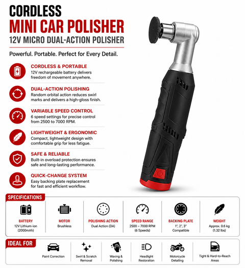 Cordless Mini Car Polisher, 12V Micro Dual-Action Polisher — 1 PCS