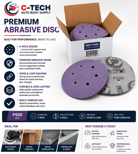C-Tech V650050 Violet Sanding Disc, 6 in, 6-Hole, 500 Grit — 50 PK