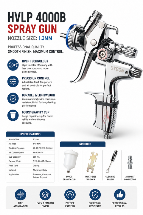 HVLP 4000B Professional Spray Gun, 1.3 mm Nozzle — 1 PCS