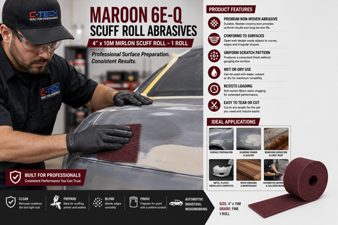 Maroon 6E-Q Scuff Roll Abrasives, 4 in × 10 m — 1 Roll