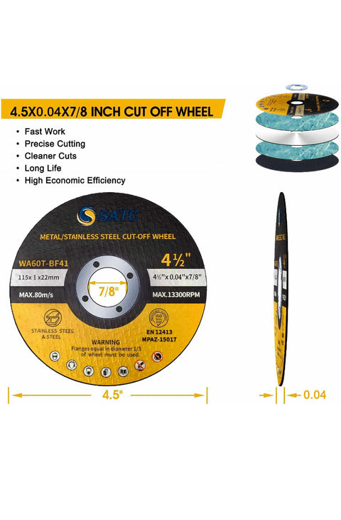 SATC CD425 Metal Cutting Discs, 4-1/2 in × 1/32 in × 3/8 in Arbor — 25 PK