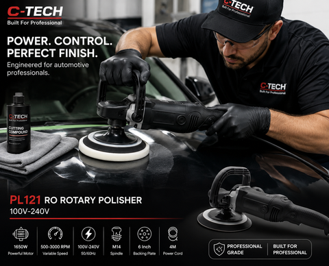 C-Tech PL121 RO Rotary Polisher, 100V–240V — Professional Variable Speed Polisher