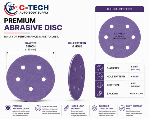 C-Tech V650050 Violet Sanding Disc, 6 in, 6-Hole, 500 Grit — 50 PK