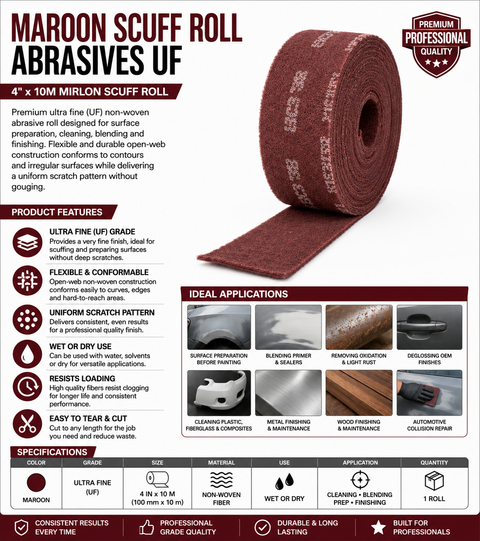 Maroon Scuff Roll Abrasives UF, 4 in × 10 m, Mirlon Scuff Roll — 1 Roll