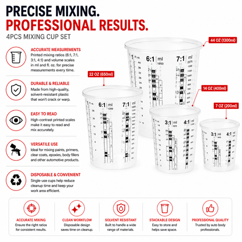 C-Tech Plastic Measuring Cups for Automotive Paint Mixing, Graduated Mixing Ratios, Disposable or Reusable