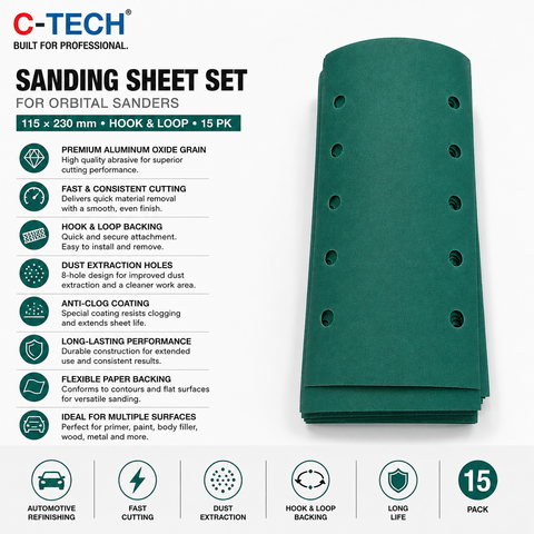 C-Tech Sanding Sheet Set for Orbital Sanders, 115 × 230 mm — 15 PK