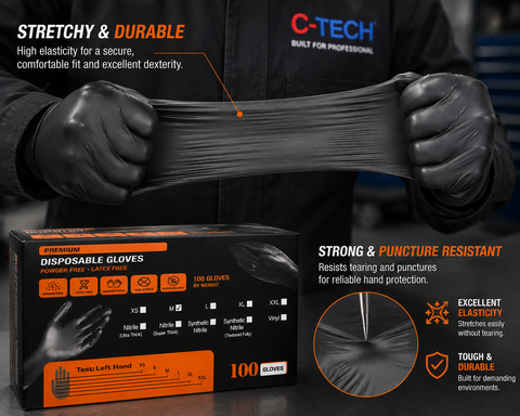C-Tech 6 Mil Disposable Powder-Free Nitrile Gloves, Industrial Grade, Textured Grip — 100 PCS