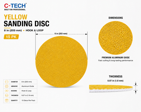 C-Tech Yellow Sanding Disc, 8 in (203 mm) Diameter, Hook & Loop — 15PK