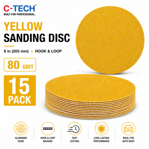 C-Tech Yellow Sanding Disc, 8 in (203 mm) Diameter, Hook & Loop — 15PK