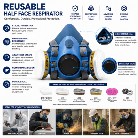 750P Half Face Reusable Paint Respirator- Medium