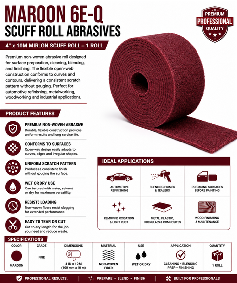 Maroon 6E-Q Scuff Roll Abrasives, 4 in × 10 m — 1 Roll