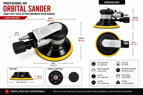 Professional Air Orbital Sander, Heavy-Duty Dual Action Pneumatic Palm Sander — 1 PCS