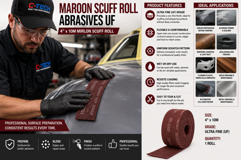 Maroon Scuff Roll Abrasives UF, 4 in × 10 m, Mirlon Scuff Roll — 1 Roll