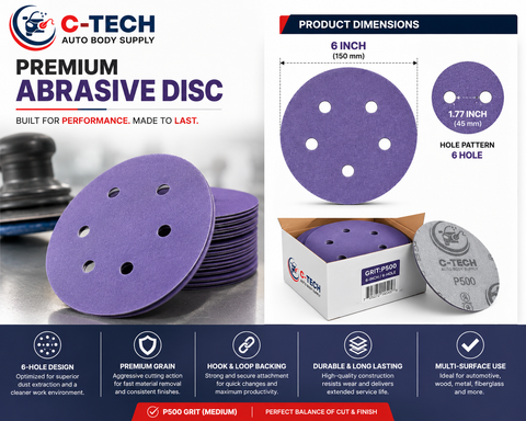 C-Tech V650050 Violet Sanding Disc, 6 in, 6-Hole, 500 Grit — 50 PK