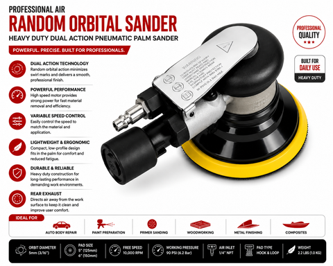 Professional Air Orbital Sander, Heavy-Duty Dual Action Pneumatic Palm Sander — 1 PCS