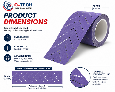 C-Tech Violet Hook & Loop Sandpaper Roll, 70 mm × 12 m, Ceramic Abrasive — 1 Roll